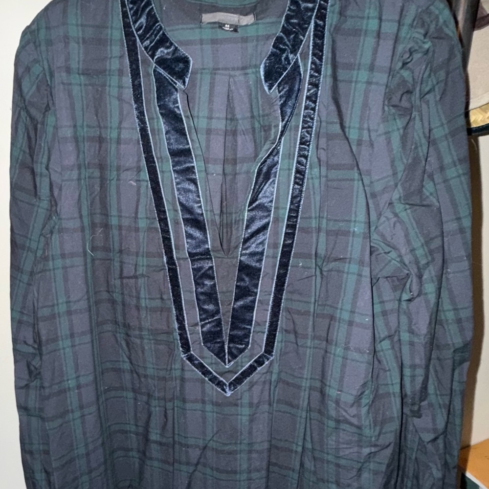 J. Crew Women's Green Plaid Blouse with Navy Trim